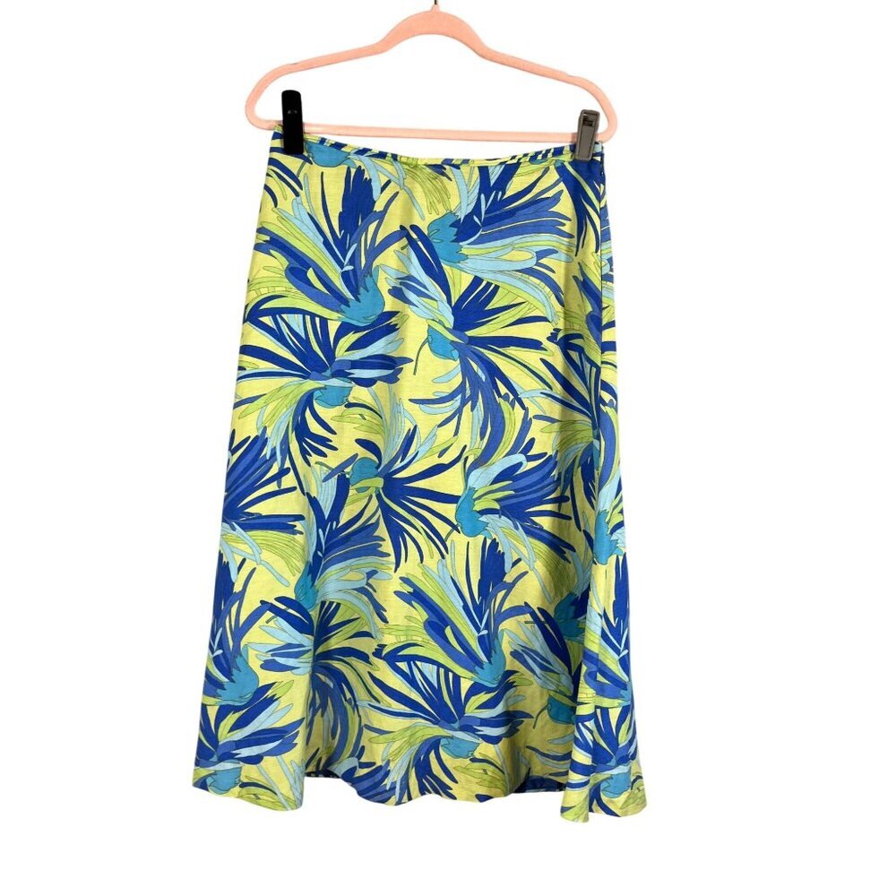 Colorful Tropical‎ Linen Skirt Blue 8 Resort Classic Chic Fit Flare Retro Preppy